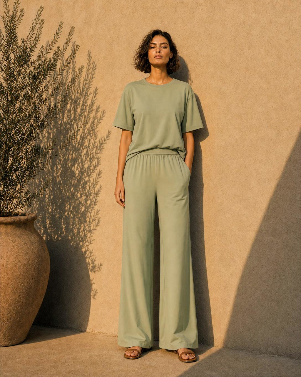 Bamboo Sculpted Boxy Tee set Caramel - SNOOLI